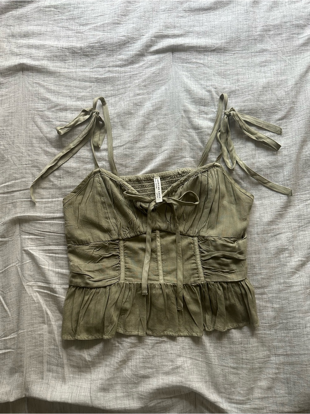 American Eagle Olive Green Peplum Cami Top Tie Shoulders Size S Like New - Picture 2 of 5